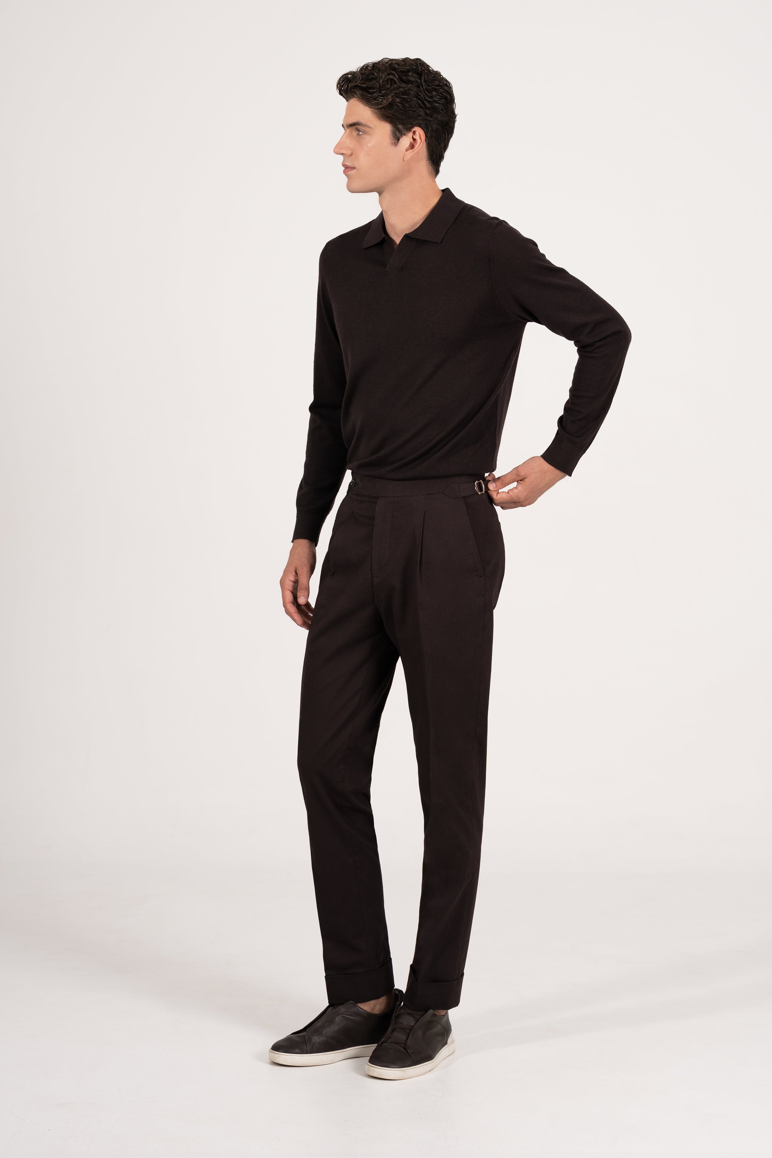 COTTON STRETCH PLEAT TROUSER MARRON