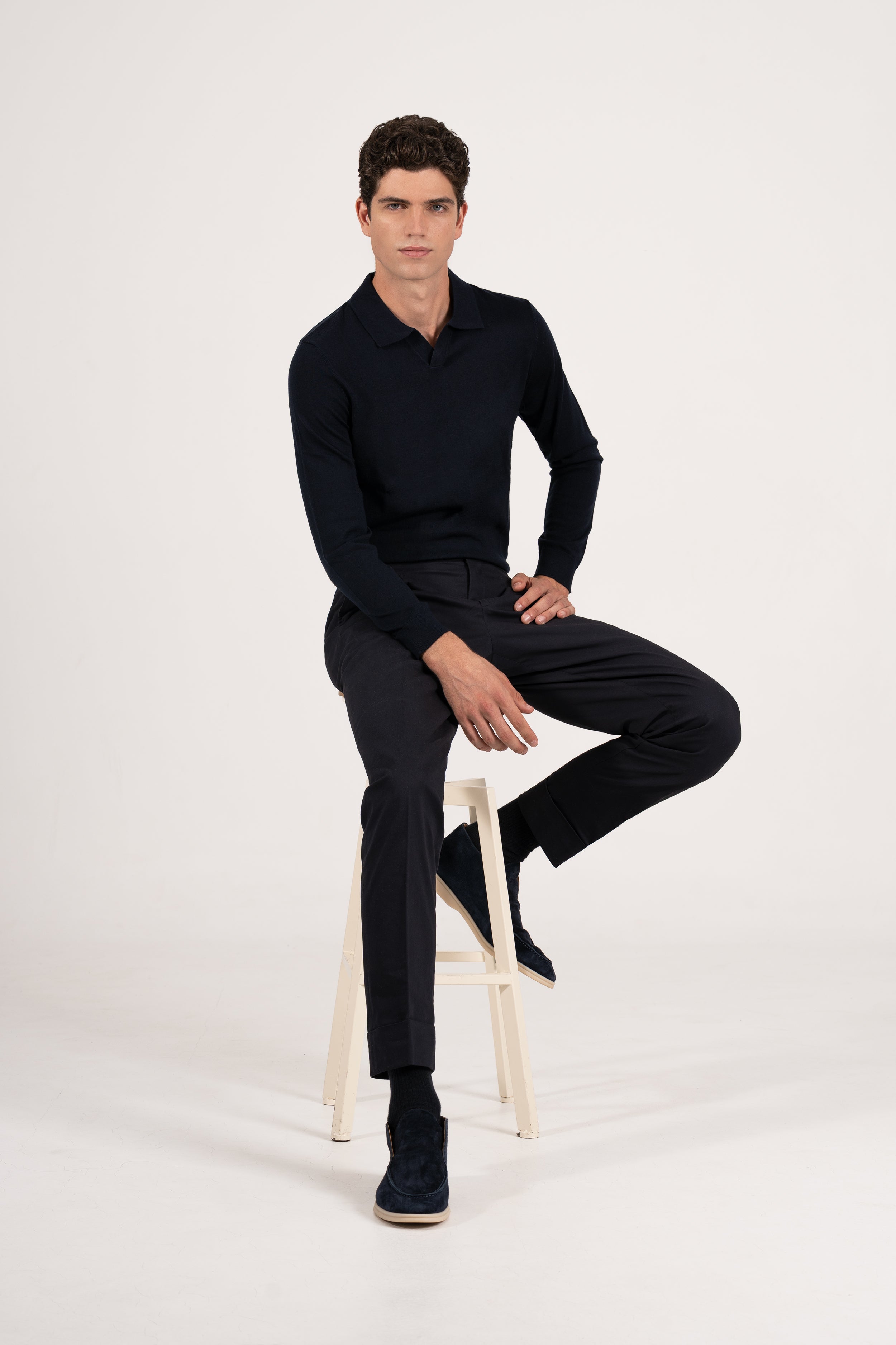 COTTON STRETCH PLEAT TROUSER MARINO