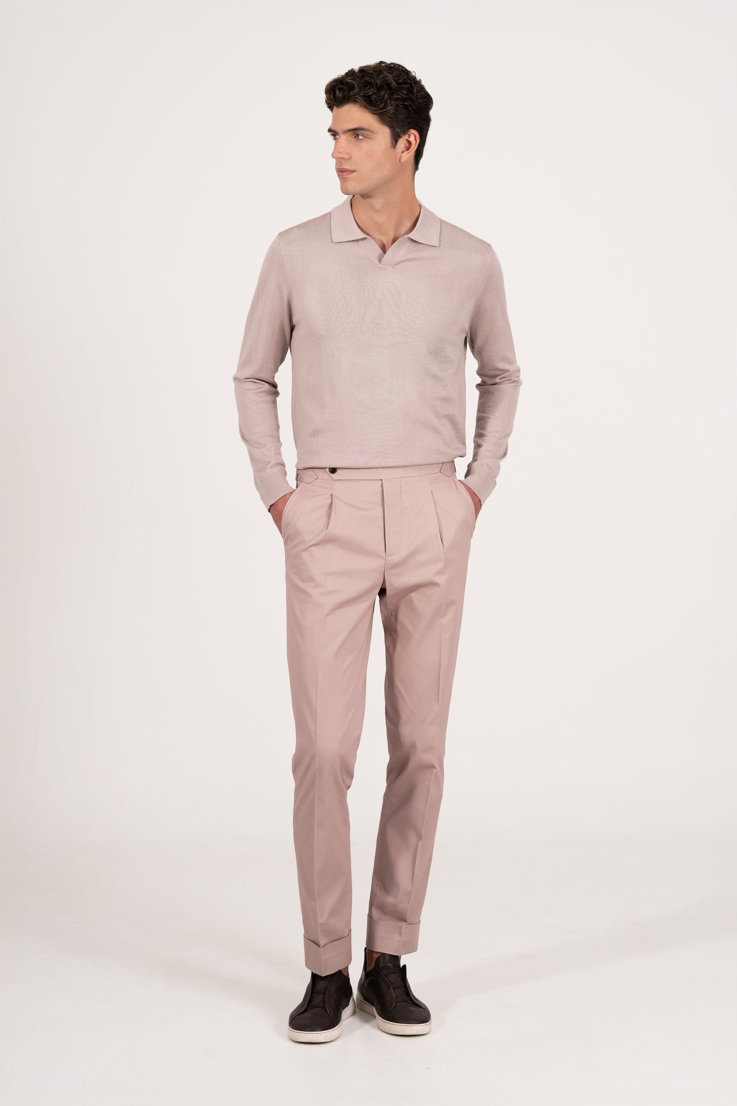 COTTON STRETCH PLEAT TROUSER TAUPE